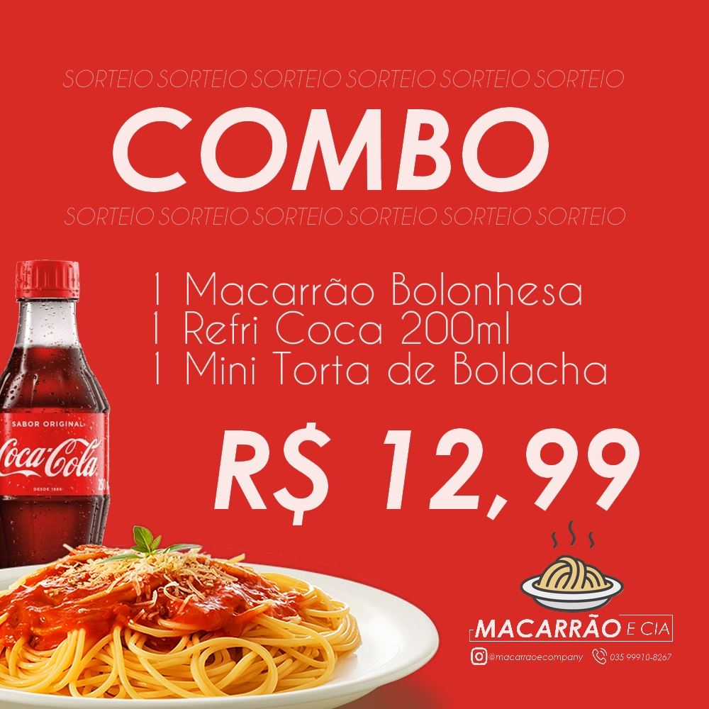 Macarrão a bolonhesa, refrigerante e tortinha de bolacha por apenas 12.99
