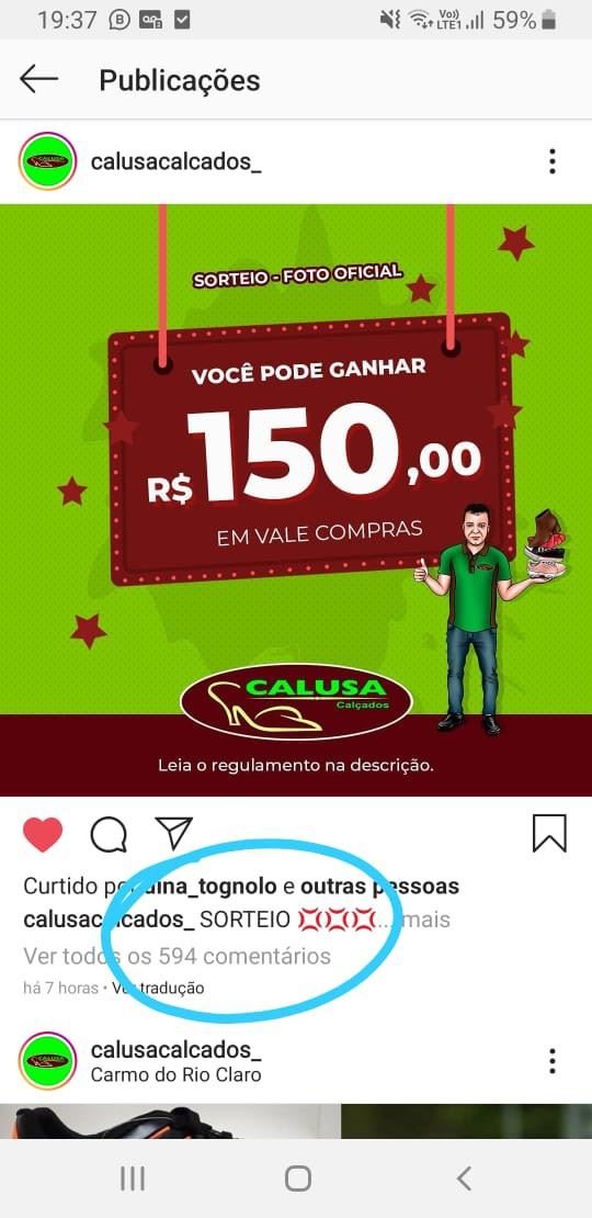 ⚠️⚠️   *SORTEIO DE UM VALE COMPRAS DE R$ 150,00.* 

☑️Saiba como concorrer  
⬇️ Ver Regulamento

Siga no Instagram: http://instagram.com/calusacalcados_/

*Sorteio dia 17/07*
*#vempracalusa*