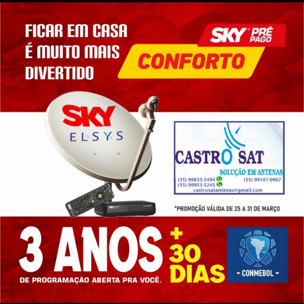 Promoção SKY - 3 anos de programação
Sorteio dia 31/03/2021 às 05:00

Como participar:
Para participar basta baixar o Cliquei Achei na Play Store, Appstore ou em https://cliqueiachei.com.br/aplicativos, curtir a imagem da promoção no Storie do aplicativo e aguardar a data do sorteio. Boa sorte!

Concorra a:
1 Compre o seu receptor SKY e ganhe 3 anos de programação Livre + 1 mês de Canal Conmebol

Regulamento do Cliquei Achei
O ganhador será desclassificado e perderá o direito ao prêmio caso o WhatsApp informado no aplicativo Cliquei Achei esteja errado, pois usamos o WhatsApp como forma de validar a identidade do ganhador no momento do sorteio.
Somente moradores de Carmo do Rio Claro (MG) podem participar.
O ganhador deve retirar o prêmio no local.
Não enviaremos o prêmio para outra cidade que não seja Carmo do Rio Claro (MG).