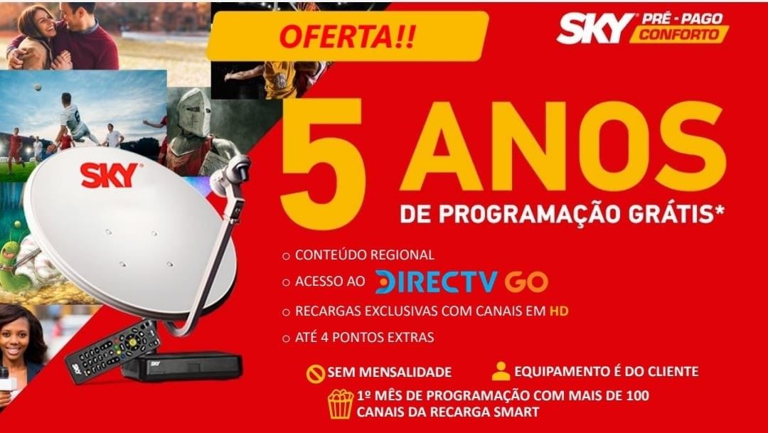 Não perca!! Sky com 5 anos de programação grátis e mais 2 acessos simultâneos ao Directv Go.