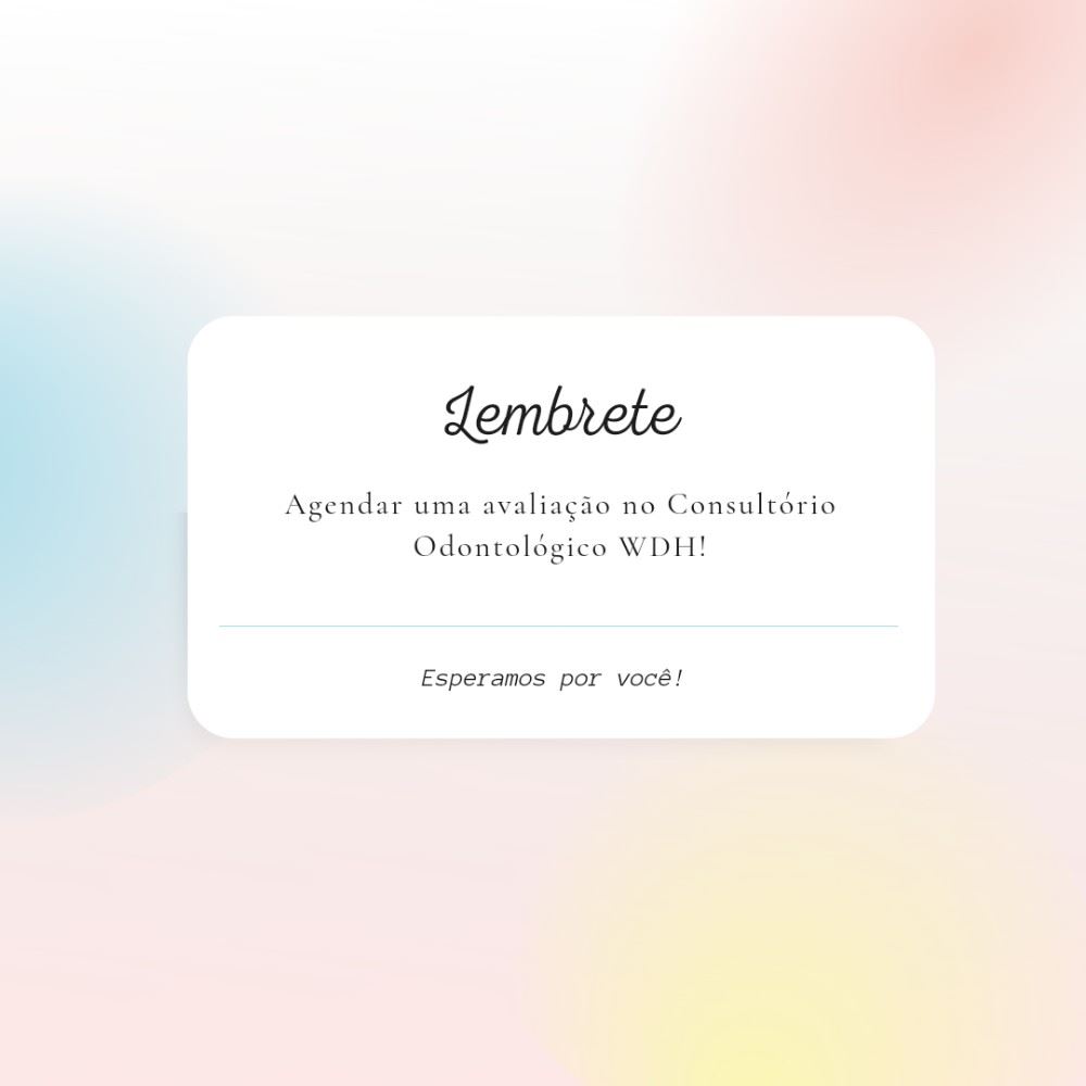 Já vamos colocar esse lembrete para a semana!!! Aguardamos sua visita em nosso consultório! 💙
Nos colocamos a disposição em lhe dar o sorriso mais lindo 😄 
Segunda a sexta: 08h as 18h
Aos sábados: 08h as 12h
📍R. Sete de Setembro, n 14 - Centro
📞 (35) 3292-4926 ou (35) 99732-4038