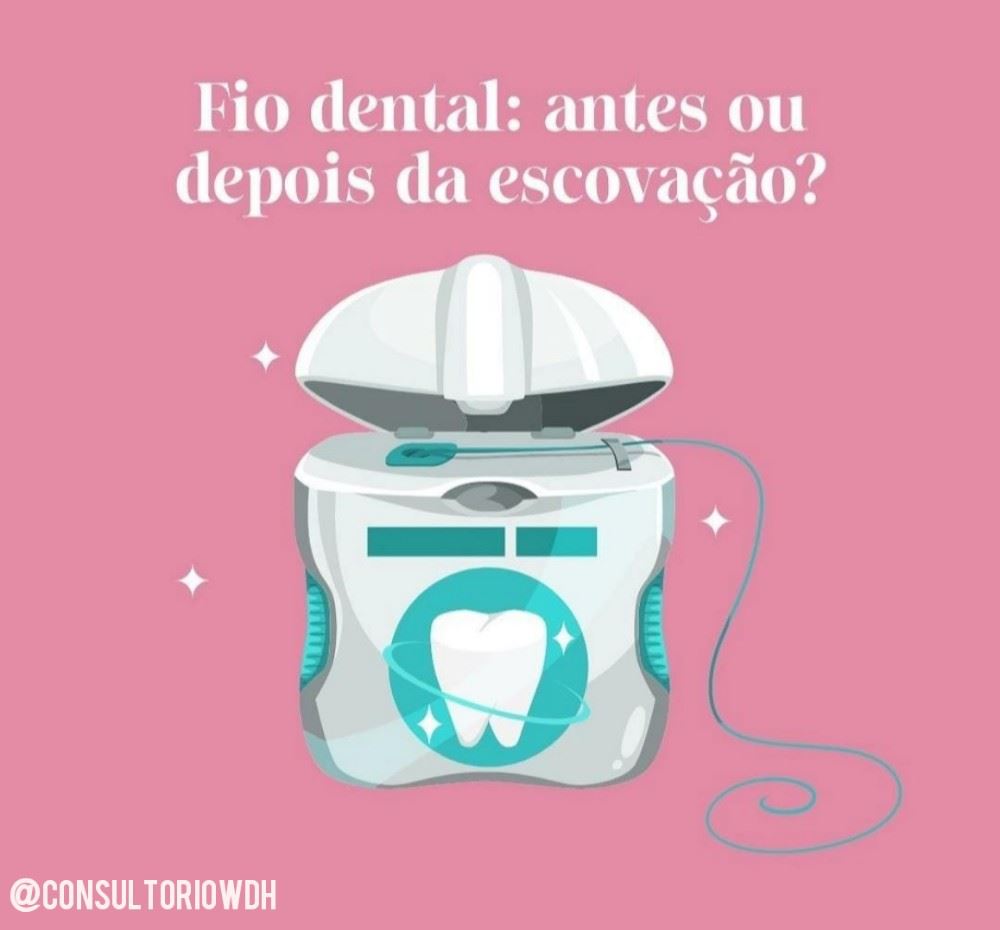 O fio dental deve ser usado antes da escovação, assim a gente consegue remover toda a placa que fica entre os dentes e depois a escova complementa a limpeza! A tática vale mais para garantir o uso das duas ferramentas: escova e fio. Pois, quem escova os dentes primeiro, muitas vezes, acaba deixando o fio dental pra lá, achando que a higiene já está feita. 
Marque uma avaliação conosco! 💕
Segunda a sexta: 08h às 18h 
Aos sábados: 08h às 12h 
📍 R. Sete de Setembro, n 14 - Centro
📞 (35) 3292-4926 ou (35) 99732-4038