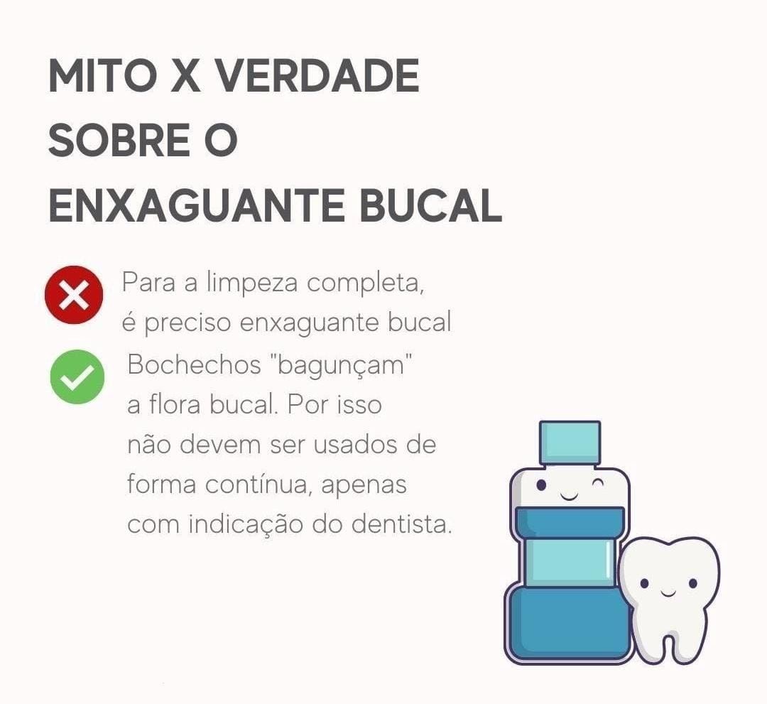 ❌ Não devemos usar enxaguante bucal todos os dias, principalmente se ele tem álcool na composição!
❗Usar enxaguante bucal todos os dias, pode provocar um desequilíbrio na flora bucal. Uso indiscriminado também pode provocar prejuízos aos tecidos gengivais, que sofrem com a ação química desses produtos. Por isso, a recomendação é: use-o moderadamente, com a indicação do seu dentista! 🦷
Segunda a sexta: 08h às 18h
Aos sábados: 08h às 12h
📞 (35) 3292-4926 ou (35) 99732-4038 
📍R. Sete de Setembro, n 14 - Centro