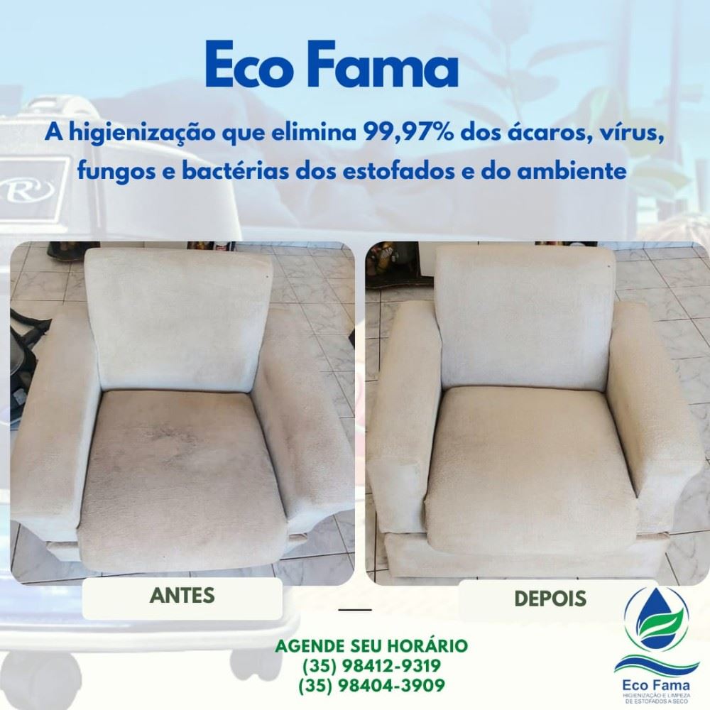 Sabemos da importância de manter a sua casa mais saudável, e por isso, frisamos que com a ECO FAMA HIGIENIZAÇÃO E LIMPEZA  você limpa todos os estofados e purifica o ambiente do seu lar. 

O único sistema de higienização e limpeza que elimina 99,97% dos ácaros, vírus, fungos e bactérias dos estofados e  do ambiente. 

*Eco FAMA + Rainbow Illuminate + produtos ecológicos + profissionais qualificados = Sua casa protegida!*

☑️ Solicite agora a sua Higienização e limpeza de estofados a seco com a ECO FAMA e reduz os riscos de alergias.

Whatsapp: 
(35) 98412-9319 ou (35)98404-3909

" A PREVENÇÃO É MELHOR QUE MEDICAÇÃO"