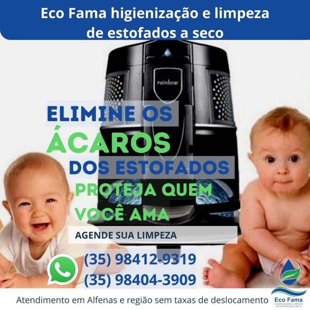 Os estofados são os locais em que encontramos os principais causadores da maioria das alergias respiratórias e algumas dermatites atípicas, por  acumular ácaros, vírus, fungos, bactérias e pó doméstico. 

A ECO FAMA HIGIENIZAÇÃO E LIMPEZA DE ESTOFADOS A SECO possui o sistema de purificação e higienização Rainbow, que elimina 99,97% desses causadores de alergias dos estofados e do ambiente. 

Evite alergias, agende agora mesmo a sua higienização.

Contatos: (35) 98412-9319 / (35) 98404-3909

Atendimento em Alfenas e região, sem taxas de deslocamento.