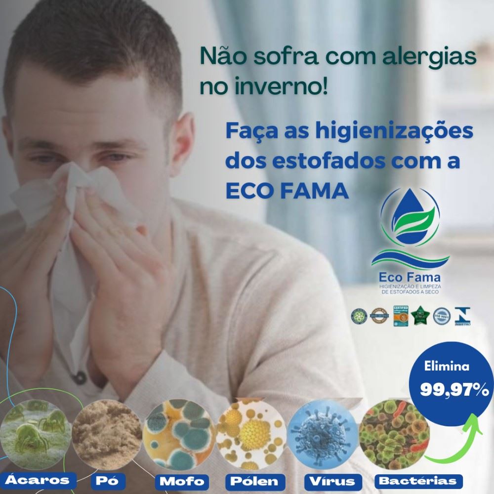 Eco Fama o melhor sistema de higienização e limpeza de estofados a seco da região. 

Faça já uma higienização profunda dos estofados, removendo 99,97% dos ácaros, vírus, fungos, bactérias e pó doméstico.

( Colchões, sofás, cadeiras, poltronas, tapetes e carpetes, almofadas, bichos de pelúcia, bebê conforto, interior de automóveis, hidratação e limpeza de couro). 

Deixe seu estofado novo de novo, e o melhor, evitando crises de alergias, principalmente no inverno.

Atendimento em Alfenas e região, sem taxas de deslocamento.

Orçamentos e agendamentos pelo Whatsapps:
 (35) 98412-9319 /  (35) 98404-3909