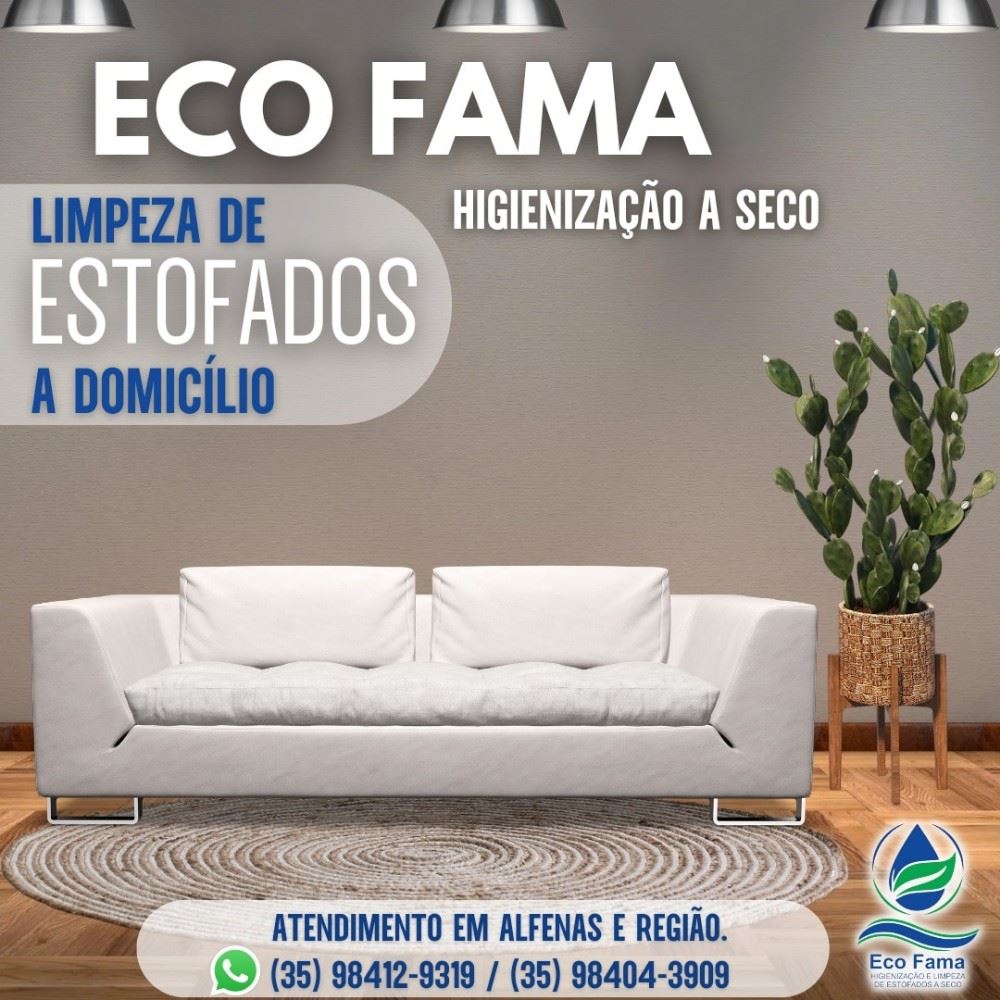 A ECO FAMA higienização e limpeza de estofados a seco é uma empresa especializada e habilitada a desenvolver atividades de limpeza e higienização residencial  e empresarial que aliam profissionalismo, comprometimento, eficácia, qualidade e organização.

A nossa finalidade é proporcionar um nível de limpeza e higienização superior, focada na prevenção de alergias respiratórias e cutâneas.
Já que nosso sistema de higienização e limpeza elimina 99,97% dos ácaros, vírus, fungos, bactérias e outros alergênicos dos estofados e do ambiente.

O sistema de higienização usado pela ECO FAMA  é o revolucionário aspirador RAINBOW  ILLUMINATE com certificações da ISO 9001 classe 4 e 5 , fundação americana de asma e alergia, AHAM, carpet&Rug institute, Inmetro.
Produtos biodegradáveis e não tóxico para a saúde aprovado pela Anvisa.

Atendemos em Alfenas e região, sem taxas de deslocamento.
(35) 98412-9319 ou (35) 98404-3909.

#higienizacaodeestofados #higienizacaoaseco #higienizacaodecadeiras 
#higienização 
#higienizacaodesofa #higienizacaodecolchao 
#higienizacaodetapetes #higienizacaodecarpete