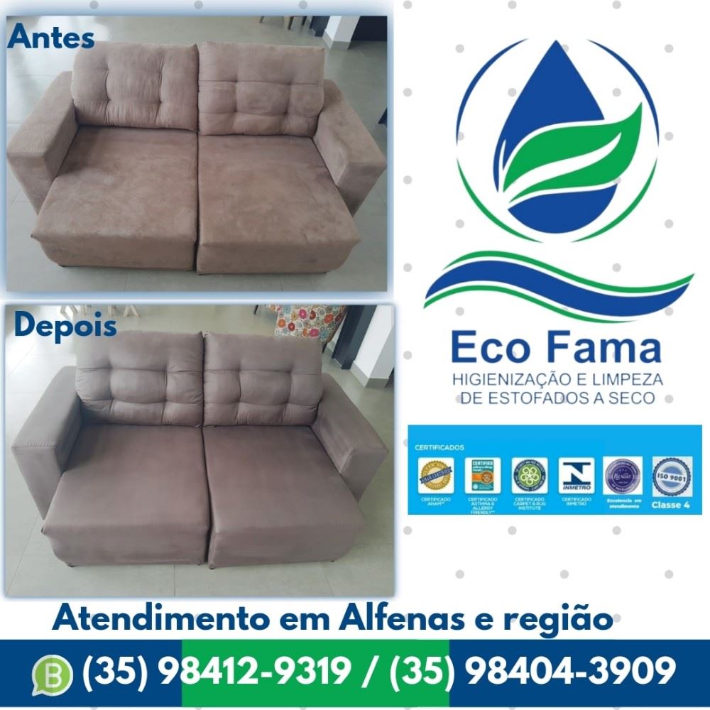 Eco Fama Higienização e limpeza de estofados a seco 

Seus estofados estão sujos, com odor desagradável e cheio de ácaros, vírus, fungos e bactérias causando alergias? 

CORRA POUCAS VAGAS PARA O FIM DE ANO!

Chame a ECO FAMA, nós deixaremos seus estofados novos de novo e perfumados por dias, e o melhor, sem ácaros, fungos, bactérias e vírus. 

" Proteja quem você ama de alergias".

Atendemos em Alfenas e região, sem taxas de deslocamento.

 Orçamentos e agendamentos pelo Whatsapp:
 (35) 98412-9319 ou (35) 98404-3909.

ECO FAMA o melhor sistema de higienização e limpeza de estofados a seco da região.