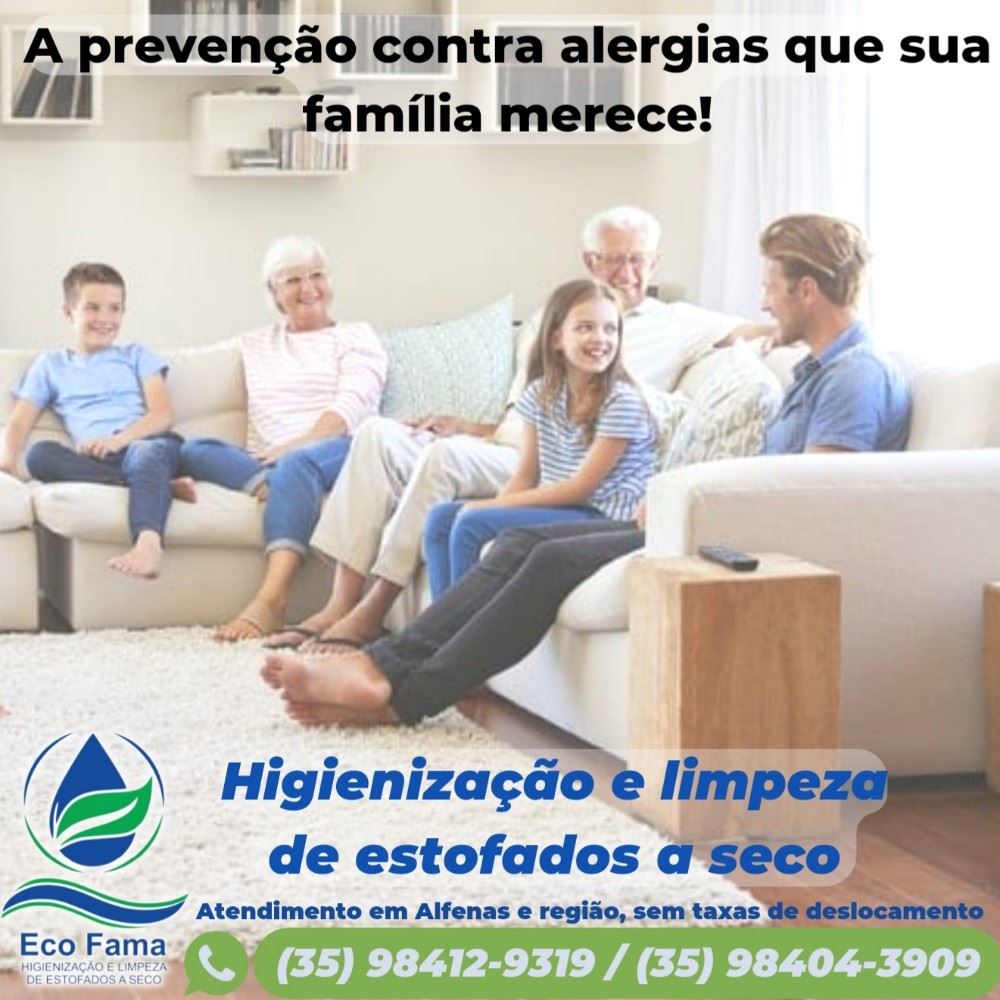 ECO FAMA HIGIENIZAÇÃO E LIMPEZA DE ESTOFADOS A SECO.

O sofá é muito mais do que um item de decoração, ele é o principal móvel da sala de estar e propicia momentos de relaxamento, interação entre a família e aconchego aos visitantes.

Manter seus estofados limpos e higienizados é fundamental para proteger você e sua família de alergias.

Os ácaros são responsáveis por 90% das nossas alergias seja elas respiratórias e cutâneas.

A ECO FAMA elimina 99,97% dos ácaros  e outros microorganismos dos estofados e do ambiente. 

Contrate agora mesmo os nossos serviços, atendimento em Alfenas e região, sem taxas de deslocamento 

(35) 98412-9319 / (35) 98404-3909