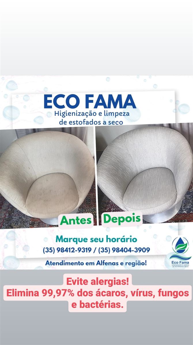 A ECO FAMA é amigo dos alérgicos e asmáticos devido a sua eficiência na remoção de elementos alérgenos como ácaros, vírus, mofos, fungos e bactérias dos estofados e do ambiente. 

O nosso equipamento ( RAINBOW) é o único equipamento recomendado na limpeza de colchões, sofás e demais estofados, pois não devolve resíduos para o ambiente, deixando os estofados e o ambiente livres de alérgenos. 

Agende o seu horário agora mesmo, atendemos Alfenas e região, sem taxas de deslocamento.

Whatsapps: (35) 98412-9319 / (35) 98404-3909
