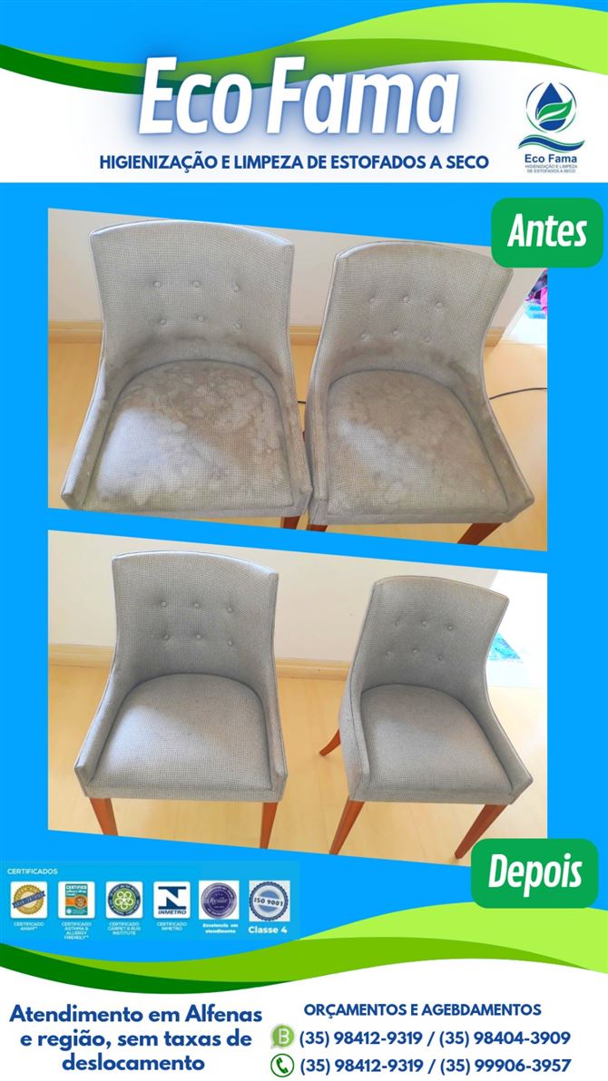 ECO FAMA HIGIENIZAÇÃO E LIMPEZA DE ESTOFADOS A SECO 

Acabou a folia e a sujeira ficou?

 A ECO FAMA é imbatível na remoção de ácaros, vírus, fungos e bactérias dos estofados.

 E somos impecáveis na limpeza do tecido, com produtos de altíssima qualidade. 

Contrate agora mesmo os nossos serviços. Atendimento em Alfenas e região, sem taxas de deslocamento.

Whatsapp: (35) 98412-9319 / (35) 98404-3909