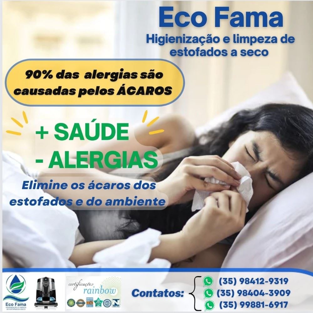 ECO FAMA HIGIENIZAÇÃO E LIMPEZA DE ESTOFADOS A SECO.

VOCÊ SABIA QUE OS ÁCAROS SÃO RESPONSÁVEIS POR 90% DAS ALERGIAS E QUE VIVEM NOS ESTOFADOS? 

SIM, ELES SÃO RESPONSÁVEIS E VIVEM NOS ESTOFADOS! 

A ECO FAMA é a única empresa eficiente e capaz de remover 99,97%  dos ácaros, vírus, fungos, bactérias, pele morta e outras contaminações de até 30cm de profundidade dos colchões  e outros estofados. 

A ECO FAMA é aliada dos alérgicos e asmáticos, pois nossos produtos são biodegradáveis e não tóxico para a saúde para maior proteção aos nossos clientes. 

Nossos equipamentos são certificados e aprovados pela ISO 9001 e outras entidades internacionais de prevenção contra alergias respiratórias e cutâneas.

Contrate agora mesmo os nossos serviços, atendimento em Alfenas e região, sem taxas de deslocamento.

Whatsapp:
 (35) 98412-9319
 (35) 98404-3909
(35) 99881-6917