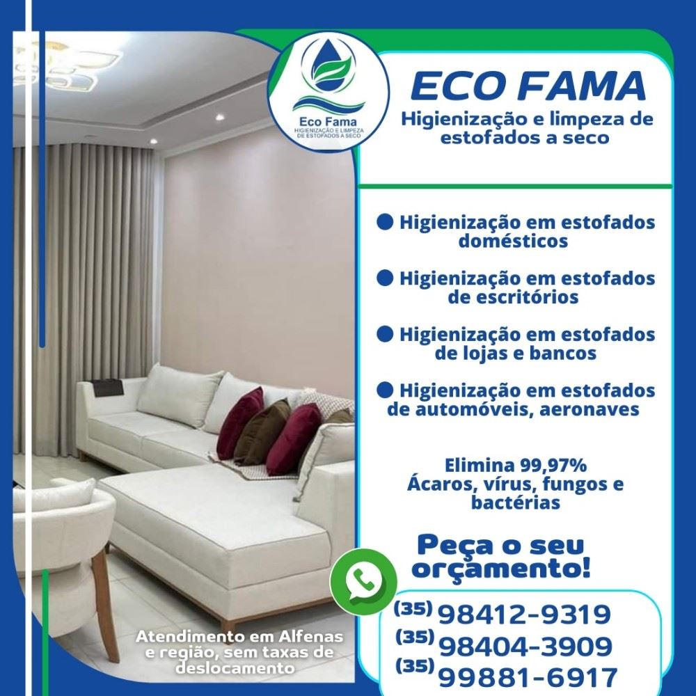 Comece a semana deixando os estofados higienizados e limpos!

A limpeza profissional e especializada é a melhor maneira de manter os estofados novos e o ambiente livres de ácaros, vírus, fungos e bactérias por muito mais tempo.

É normal com o tempo aparecer  manchas, sujeiras e acúmulo de ácaros, bactérias, vírus e fungos provocando alergias respiratórias e cutâneas. 

A higienização periódica dos estofados  é uma forma de manter o ambiente limpo e ajuda a manter o seu bem-estar e da sua família, além de  aumentar o tempo de vida útil dos estofados. 

Mantenha os estofados higienizados e o ambiente seguro para a sua família.

Agendamentos e orçamentos pelo Whatsapp: 
(35) 98412-9319 / (35) 98404-3909 / (35) 99881-6917

ATENDIMENTO EM ALFENAS E REGIÃO, SEM TAXAS DE DESLOCAMENTO.