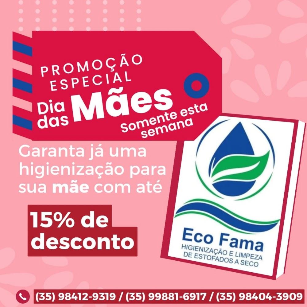Não perca tempo, aproveite a promoção  da ECO FAMA e marque uma higienização dos estofados para sua mãe. 

O melhor sistema de higienização e limpeza de estofados está com promoção válida até sexta-feira. Poucas  vagas. 

Agende agora mesmo os nossos serviços 

(35) 98412-9319 / (35) 98404-3909 / (35) 99881-6917.

Proteja sua mãe das alergias respiratórias e cutâneas,  chame a ECO FAMA higienização e limpeza de estofados a seco.