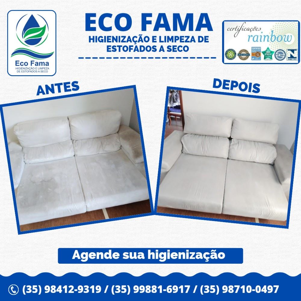 ECO FAMA o melhor sistema de HIGIENIZAÇÃO de estofados da região, a única que previne alergias respiratórias e cutâneas. 
Agende agora a sua higienização pelo nossos Whatsapps: (35) 98412-9319 / (35) 99881-6917 / (35) 98710-0497