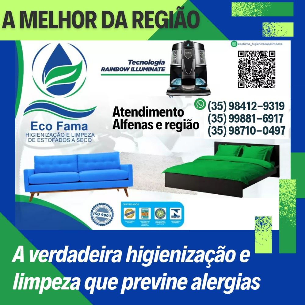 Pensou em lavar os seus estofados? 

Então contrate a empresa que leva até você além da estética, uma higienização profunda que garante a remoção de microorganismos patogênicos.  

Contrate a ECO FAMA HIGIENIZAÇÃO E LIMPEZA DE ESTOFADOS. 

1°- REALIZAMOS UMA HIGIENIZAÇÃO PROFUNDA, REMOVENDO:
Ácaros, vírus,  fungos, bactérias,  percevejos,  traças e pó doméstico. 

2°- APÓS A HIGIENIZAÇÃO, REALIZAMOS A LAVAGEM DO TECIDO.
Aplicando produtos biodegradáveis e a base de água, não tóxico para a nossa saúde e dos pets. Realizamos uma suave escovação para remoção de gorduras e manchas, após a escovação é feita a extração desses resíduos.

3°- RESULTADO FINAL. Seus estofados, novos de novo e sem causar alergias RESPIRATÓRIAS E CUTÂNEAS.