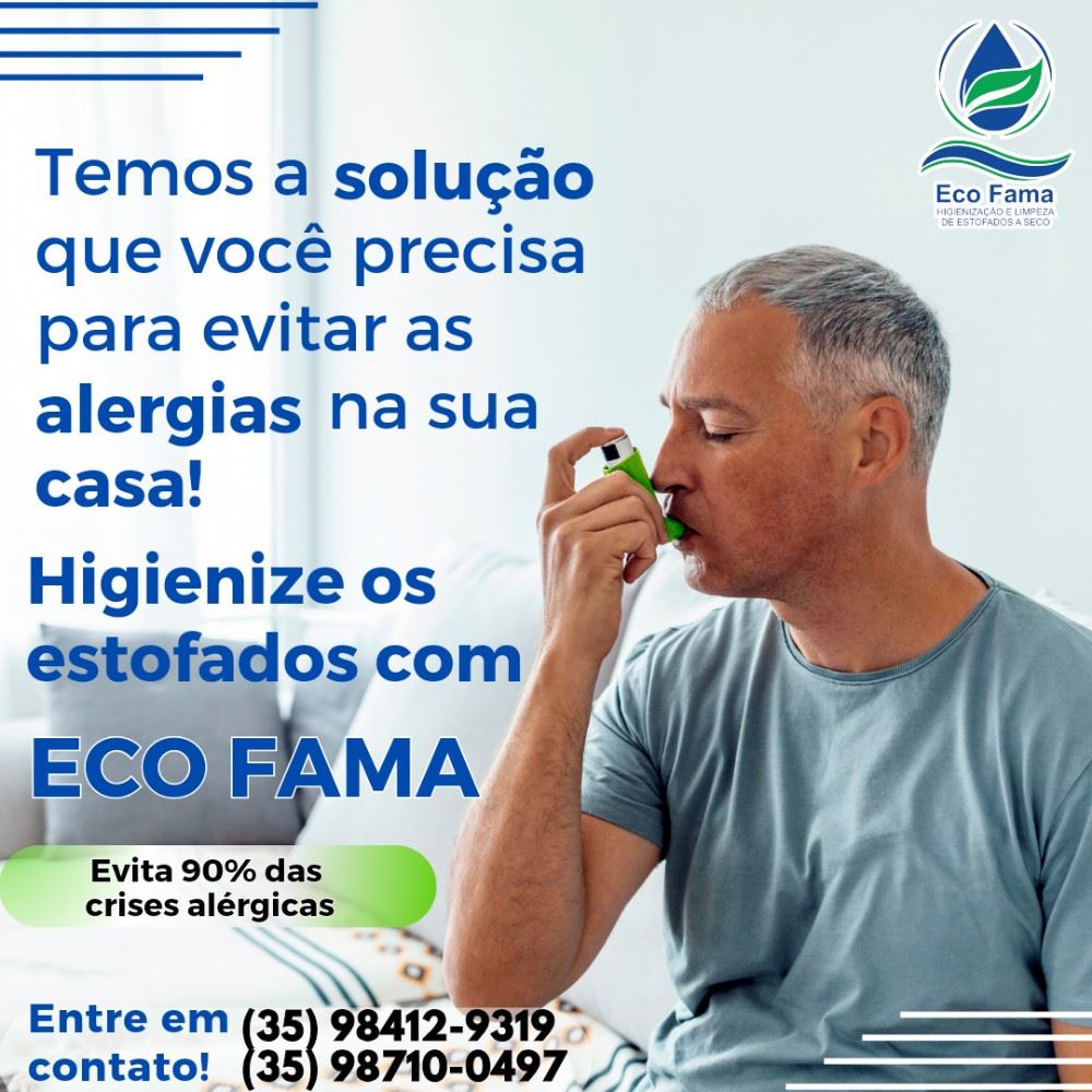 Eco Fama Higienização e Limpeza de estofados que higieniza profundamente, eliminando 99,97% dos ácaros, vírus, fungos, bactérias e pó doméstico. 

A ECO FAMA ajuda a prevenir doenças respiratórias como ASMA, BRONQUITE, RINITE e outras doenças alérgicas. 

Evite alergias, faça suas higienizações e limpeza dos estofados com a única que ajuda na prevenção de alergias. 

Atendimento em Alfenas e região. 
(35) 98412-9319 / (35) 98710-0497