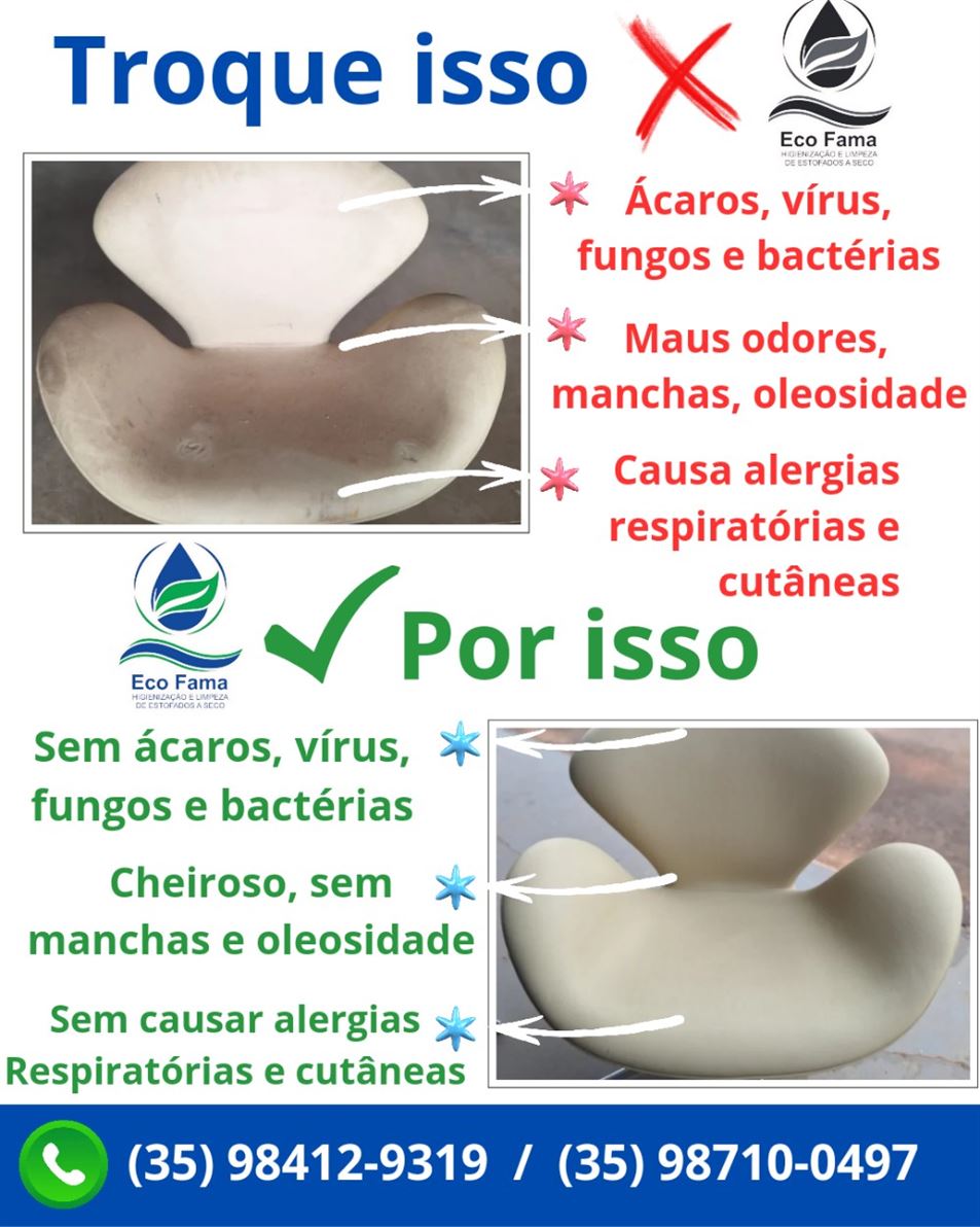 A importância de uma higienização especializada nos estofados.

Os estofados que não passam por um processo de limpeza especializada, vira um grande foco de ÁCAROS, VÍRUS, FUNGOS, BACTÉRIAS, poeira e pó doméstico, podendo causar alergias RESPIRATÓRIAS E CUTÂNEAS nas pessoas. 

Realizar a higienização e limpeza nos estofados também é importante para a sua boa conservação.

A ECO FAMA é uma empresa especializada em HIGIENIZAÇÃO E LIMPEZA DE ESTOFADOS, nossos equipamentos eliminam 99,97 das impurezas dos estofados, prevenindo alergias. 

Atendimento em Alfenas e região, inclusive ZONA RURAL. 

(35) 98412-9319 /  (35) 98710-0497