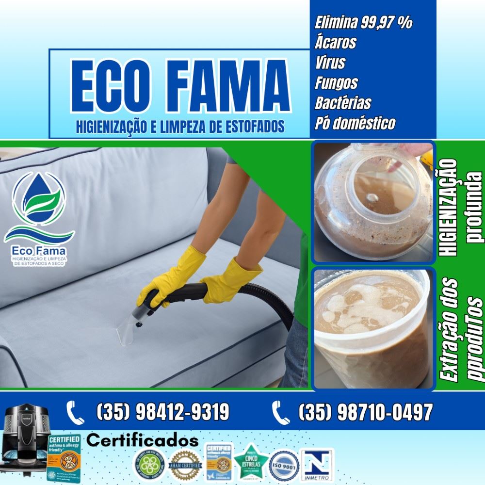 Manter o sofá limpo e higienizado é fundamental para garantir sua durabilidade, beleza, evitar mal cheiro, e o principal, evitar alergias respiratórias e cutâneas.

A ECO FAMA realiza uma higienização profunda eliminando 99,97 do pó doméstico, ácaros, vírus, fungos e bactérias. Esse processo é 100% a seco.
Na lavagem do tecido usamos produtos biodegradáveis de altíssima qualidade, renovando o tecido, removendo manchas e deixando o sofá  cheiroso. 

Atendimento em Alfenas e região
 (35) 98412-9319 / (35) 98710-0497

#sofa #lavagens #lavagemdesofa #higienização #alergias 