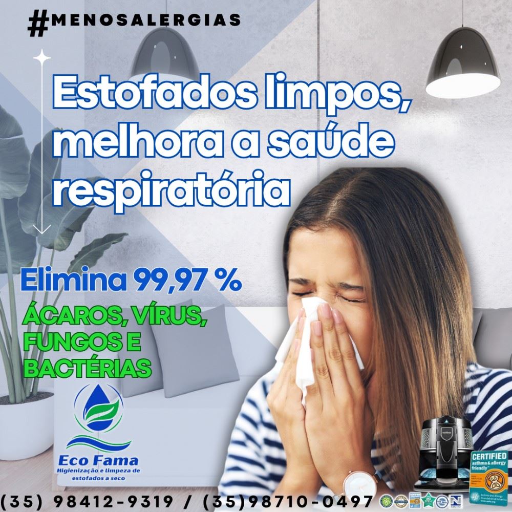 A HIGIENIZAÇÃO E LIMPEZA dos estofados é uma prática que ajuda a prevenir 90% das alergias  RESPIRATÓRIAS e CUTÂNEAS.

Porém, tem que ser praticada por uma empresa especializada, onde seus maquinários e produtos são aprovados e certificados por órgãos competentes. 

Então, ao contratar uma empresa de limpeza e higienização, você já sabe que tem que contratar a ECO FAMA. Somos a única empresa com certificações internacionais e nacionais que comprovam a nossa eficiência na remoção dos alérgenos dos estofados e do ambiente. 

Entre e contato pelo Whatsapp: 
(35) 98412-9319  /  (35) 98710-0497. 

Atendimento em Alfenas e região, zona rural.