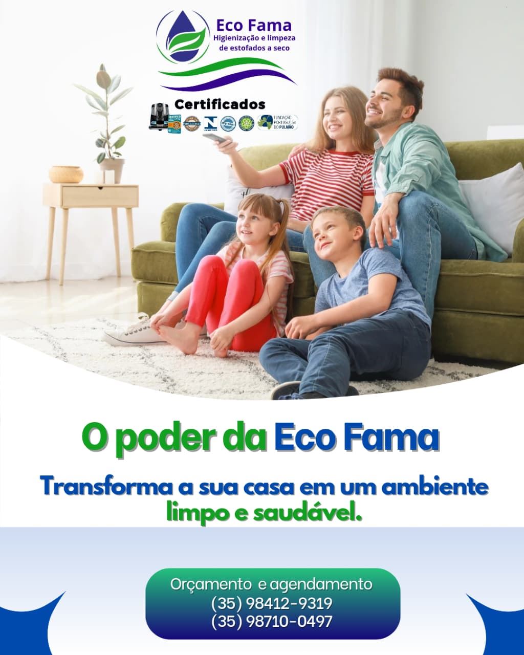 Você sabia que os estofados podem acumular alérgenos, como ÁCAROS, VÍRUS, FUNGOS, BACTÉRIAS e outros microorganismos que podem afetar sua saúde?

 Na Eco Fama entendemos a importância de manter seu ambiente limpo e saudável.

Nossa equipe de especialistas utiliza equipamentos de alta tecnologia " Rainbow Illuminate " e produtos ecológicos para garantir a limpeza profunda e segurança para a sua saúde.

Com a Eco Fama você pode:

- Reduzir a presença de alérgenos.
- Melhorar a qualidade do ar.
- Prolongar a vida útil de seus estofados.

Orçamento e agendamento pelo Whatsapp:

(35) 98412-9319 - (35) 98710-0497