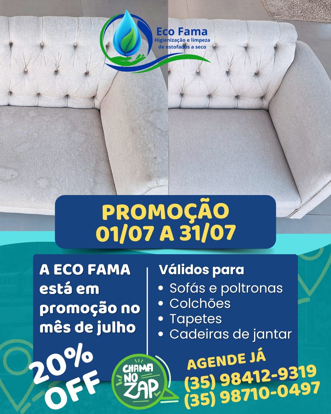 O INVERNO CHEGOU!

Enfrente o frio com estilo e economia!

A ECO FAMA está em PROMOÇÃO!

20% DE DESCONTO somente no mês de JULHO!

Não perca essa oportunidade de higienizar e renovar seus estofados eliminando os ÁCAROS, VÍRUS, FUNGOS, BACTÉRIAS, PERCEVEJOS E OUTROS ALÉRGENOS!

Agende agora! (35) 98412-9319 ou (35) 98710-0497.

Oferta válida apenas até o 31 de julho!

Inverno limpo e saudável é com a ECO FAMA