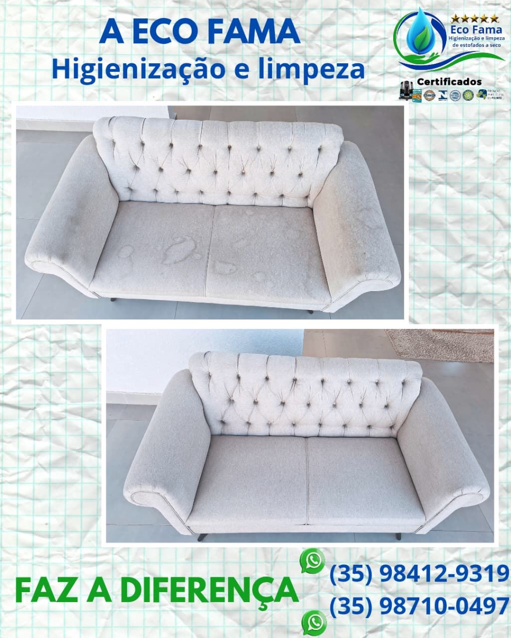 A ECO FAMA sempre comprometida com a excelência investe  no que há de melhor para sua casa.

* Investimos nas melhores máquinas do mundo em higienização e limpeza de estofados, com certificações internacionais e nacionais;
* Produtos Biodegradáveis  e não tóxicos para a saúde para melhor segurança pra sua família;
* Colaboradores qualificados e especializados para esclarecer quaisquer dúvidas;
* Nossas higienizações previnem em até 90% das alergias RESPIRATÓRIAS e cutâneas. 

A Eco Fama faz a diferença para proporcionar um trabalho de extrema qualidade e eficiência. 

Contrate agora mesmo ( 35) 98412-9319 / (35) 98710-0497 

Atendemos Alfenas e região.