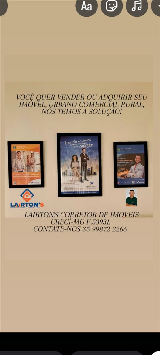 🌟 Laírton's Corretor de Imóveis - Excelência em Negócios Imobiliários! 🌟

📜 CRECI MG F53931
Especialista em:
✔️ Compra, venda e financiamento de imóveis.
✔️ Imóveis urbanos, comerciais e rurais.

🔑 Você quer vender ou adquirir o imóvel dos seus sonhos?
Nós temos a solução perfeita para você!

🏠 Por que escolher o Lairton's Corretor de Imóveis?
✅ Atendimento personalizado e transparente.
✅ Experiência no mercado imobiliário.

O corretor de imóveis sempre vê mais porque vê com CORAÇÃO. 
✅ Comprometido em realizar os seus sonhos com total segurança.

📞 Entre em contato agora mesmo!Contate-nos 35 99872 2266 
Transforme o seu sonho em realidade com quem entende do assunto.

Lairton's Corretor de Imóveis
Seu futuro começa aqui!