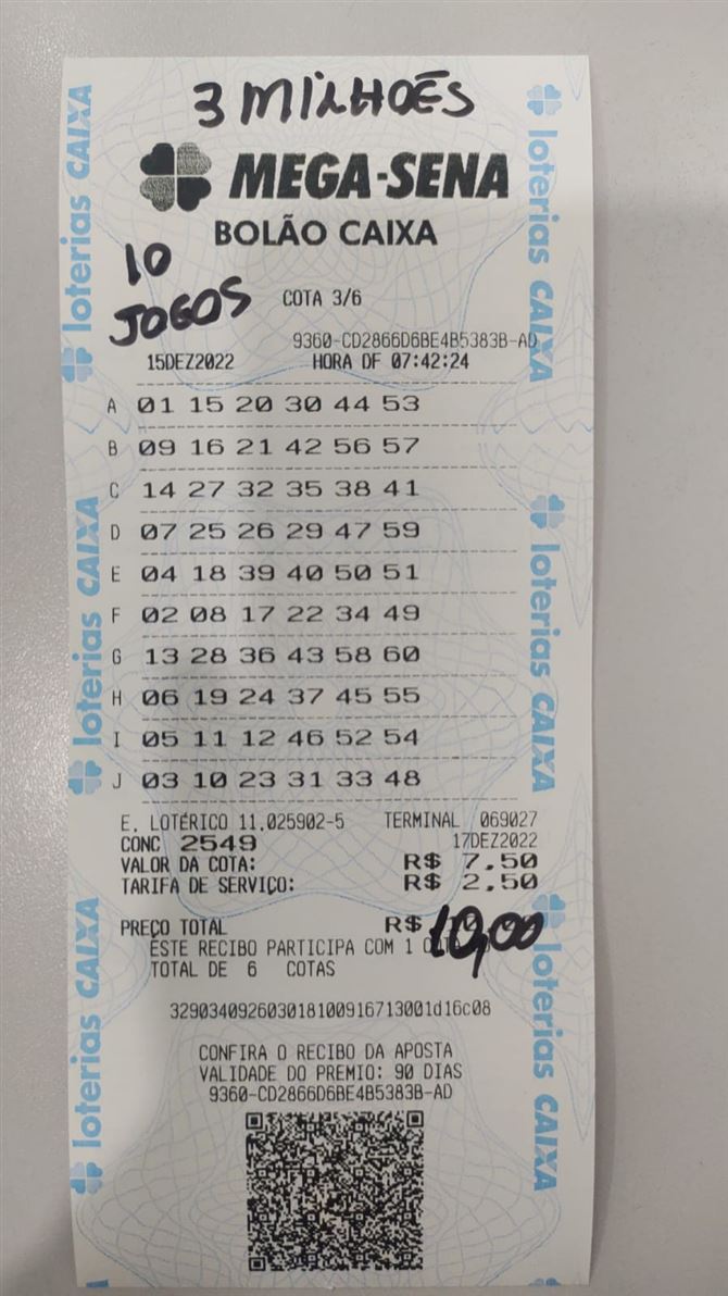 Bolão MEGA-SENA - 3 Milhões
Sorteio dia 17/12/2022