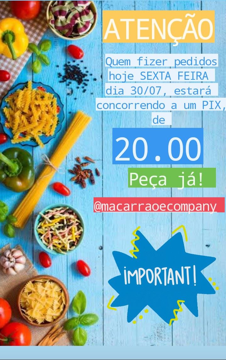 Peça a sua Macarronada, e concorra a um PIX de 20.00. 😍😱
 Solicite o cardápio! 