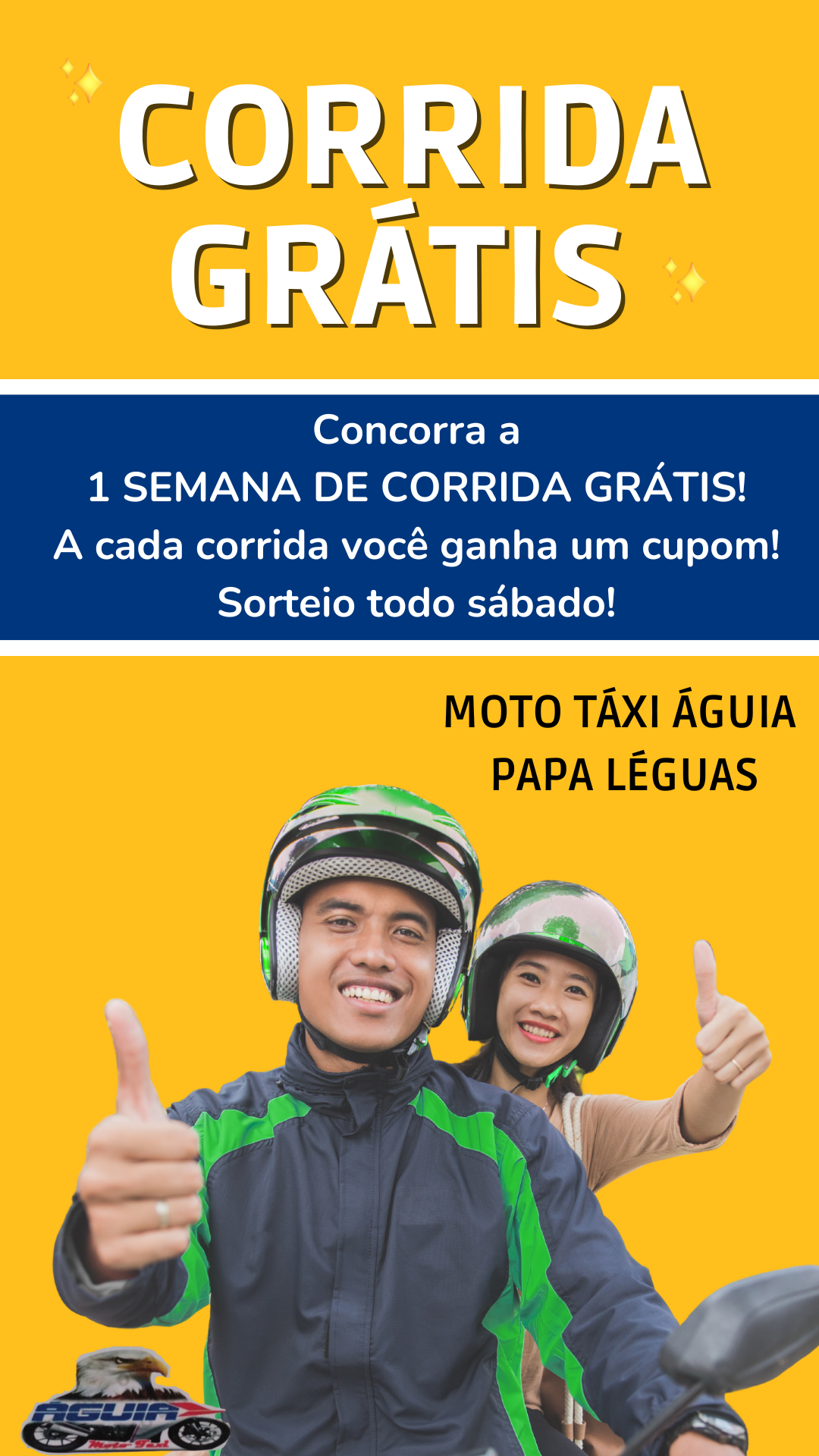 Concorra a 1 SEMANA DE CORRIDA GRÁTIS! 
A cada corrida você ganha um cupom! 
Os cupons serão fornecidos pelos motoqueiros ou na central
Sorteio todo sábado!